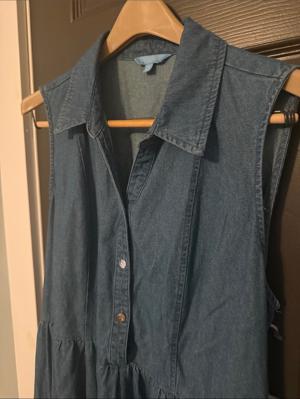 Sleeveless Denim Shirt Dress with Tie Waist - Blue - Picture 3 of 8
